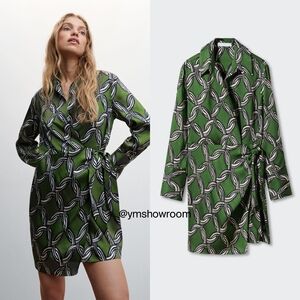 Mango Green Chain-Print Wrap Dress, Size M